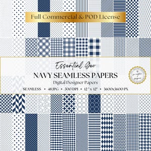 Navy Digital Papers: Essential Geo Collection, 48 Seamless Patterns (Dots, Gingham, Stripes, Checkerboard) for Scrapbooking & Junk Journals
