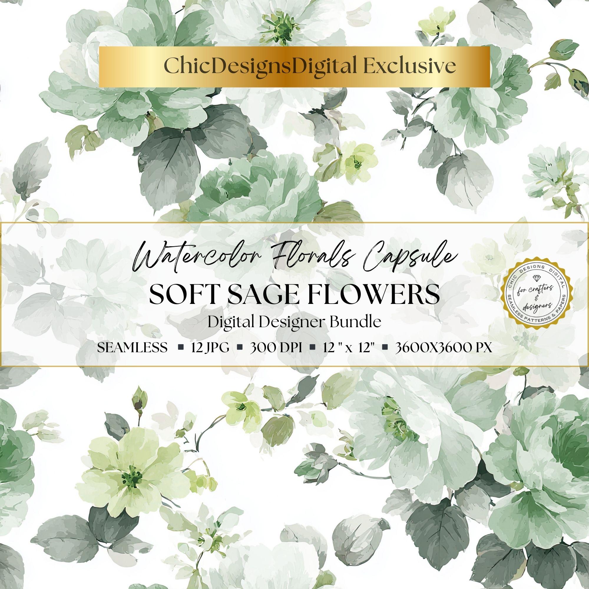 Sage Green Watercolor Floral Digital Papers: 12 Seamless Botanical ...