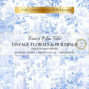 French Blue Toile De Jouy Digital Paper Pack, Vintage Floral Pattern, Seamless Design Background Pattern, Scrapbooking, Journaling, Download