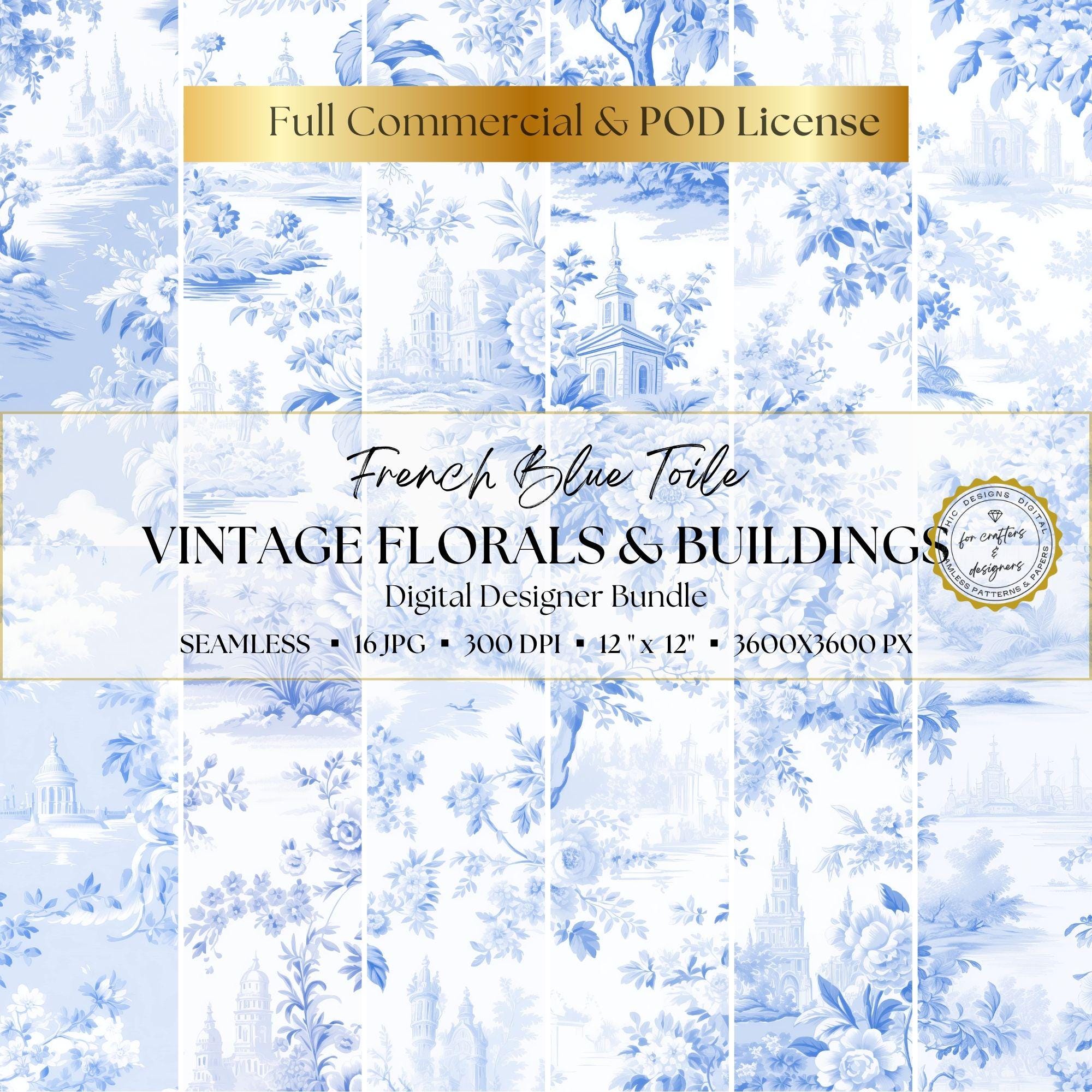 French Blue Toile De Jouy Digital Paper Pack, Vintage Floral Pattern, Seamless Design Background Pattern, Scrapbooking, Journaling, Download