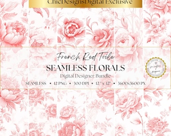French Red Toile Digital Papers, Red And White Floral Backgrounds, Toile De Jouy Patterns, Vintage Digital Scrapbook Paper, French Country