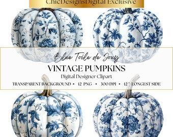 Clipart citrouille chinoiserie bleu, toile citrouille PNG ensemble, citrouilles aquarelle automne vintage, décoration de Thanksgiving, scrapbooking & conception d'invitation
