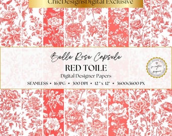 Red Toile de Jouy Digital Papers, French Country Floral Patterns, 16 Seamless Red and White Papers, Floral Toile Backgrounds
