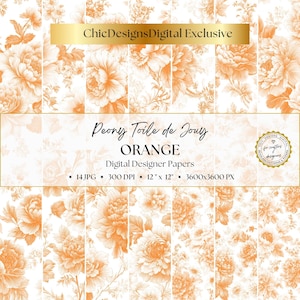 Può includere: Una collezione di carte digitali con un motivo a peonie toile de jouy arancione e bianco. Il testo recita ChicDesignsDigital Exclusive, Peony Toile de Jouy, ORANGE, Digital Designer Papers, 14 JPG, 300 DPI, 12 x 12, 3600x3600 PX.