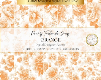 Orange Toile de Jouy Digital Papers, Floral Toile Seamless Patterns, Vintage Peony Backgrounds, Orange Fall Scrapbook Paper Pack, Fall Toile