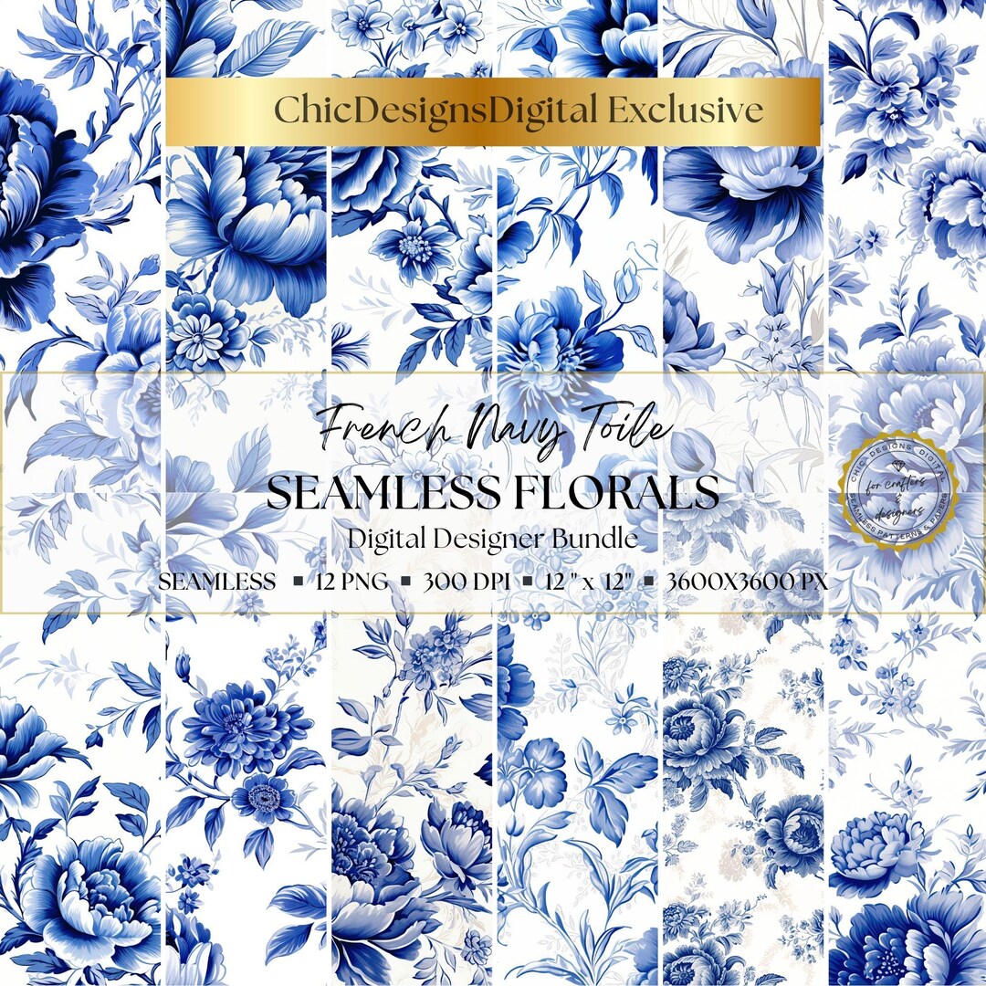 French Navy Blue Floral Toile De Jouy Digital Papers: 12 Seamless ...