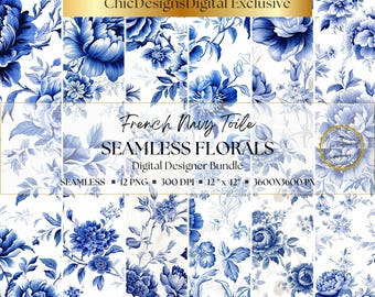 French Navy Blue Floral Toile de Jouy Digital Papers: 12 Seamless Vintage Patterns for Wedding Invitations, Scrapbooking & Event Decor, PNG
