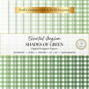 May include: A collection of digital designer papers featuring various shades of green gingham patterns. The text reads Essential Gingham SHADES OF GREEN Digital Designer Papers, SEAMLESS, 24 JPG, 300 DPI, 12 inches by 12 inches, 3600x3600 PX.