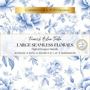 French blue toile floral digital papers in grand scale with seamless vintage-inspired blue and white flower patterns, elegant oversized blooms, and soft romantic botanical styling for junk journals, scrapbooking, card making, invitations, planner pages, and printable craft projects.