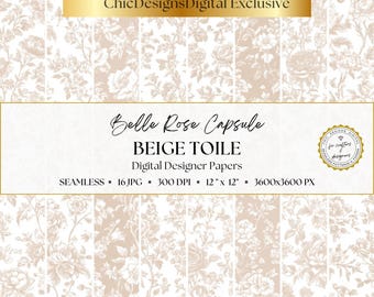 Beige Toile Digital Papers, Neutral Chinoiserie Floral Patterns, 16 Seamless Vintage Floral Backgrounds, French Toile De Jouy Paper Pack