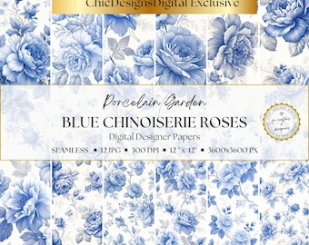 Blue Toile Seamless Digital Papers, 12 Chinoiserie Patterns, Porcelain Blue & White Floral Scrapbook Paper Pack, Vintage Floral Backgrounds