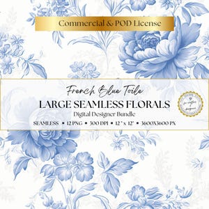 French blue floral designer bundle with seamless grand-scale toile patterns, delicate vintage botanicals, and decorative blue and white blooms for card making, printable crafts, journal pages, scrapbook albums, elegant stationery, collage papers, and classic feminine digital paper collections.