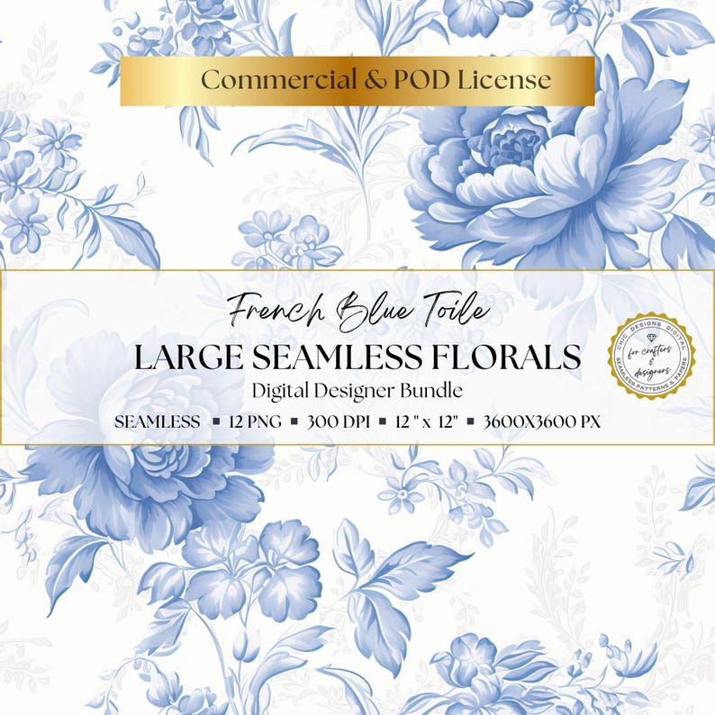 French blue floral designer bundle with seamless grand-scale toile patterns, delicate vintage botanicals, and decorative blue and white blooms for card making, printable crafts, journal pages, scrapbook albums, elegant stationery, collage papers, and classic feminine digital paper collections.