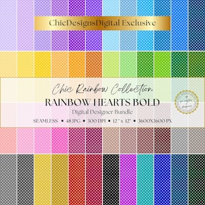 Papeles digitales Corazones Arcoíris: 48 patrones de corazones sin costuras sobre fondo blanco para álbumes de recortes, tarjetas, manualidades y mucho más. Descarga gratuita.