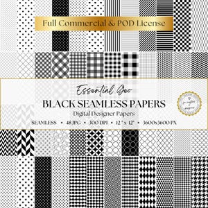 Black Digital Papers: Essential Geo Collection, 48 Seamless Patterns (Dots, Gingham, Stripes, Checkerboard) for Scrapbooking & Junk Journals
