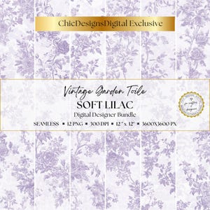 French Soft Lilac Toile de Jouy Digital Paper Pack, Seamless Purple Floral Backgrounds for Scrapbooking & Journals, Vintage Rose Pattern PNG