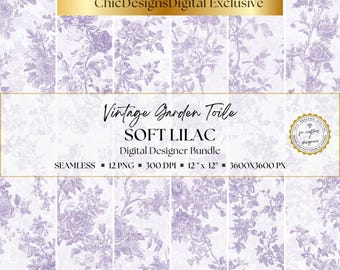 French Soft Lilac Toile de Jouy Digital Paper Pack, Seamless Purple Floral Backgrounds for Scrapbooking & Journals, Vintage Rose Pattern PNG