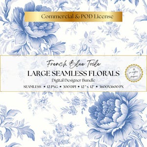 French blue floral designer bundle with seamless grand-scale toile patterns, delicate vintage botanicals, and decorative blue and white blooms for card making, printable crafts, journal pages, scrapbook albums, elegant stationery, collage papers, and classic feminine digital paper collections.