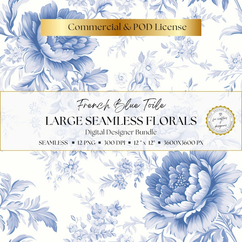 French blue floral designer bundle with seamless grand-scale toile patterns, delicate vintage botanicals, and decorative blue and white blooms for card making, printable crafts, journal pages, scrapbook albums, elegant stationery, collage papers, and classic feminine digital paper collections.