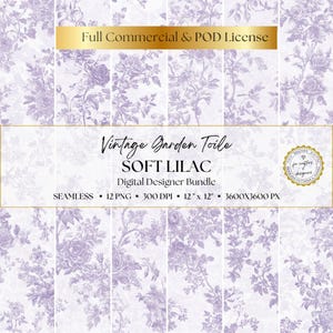 Pacchetto di carta digitale Toile de Jouy lilla francese, sfondi floreali viola senza soluzione di continuità per scrapbooking e diari, motivo a rose vintage in formato PNG