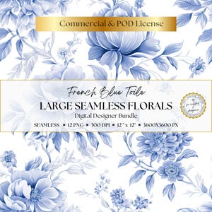 Seamless French blue floral papers with large-scale toile style flowers, airy blue and white palette, and classic decorative botanical design for scrapbook layouts, junk journal pages, greeting cards, paper crafts, backgrounds, and elegant printable stationery.