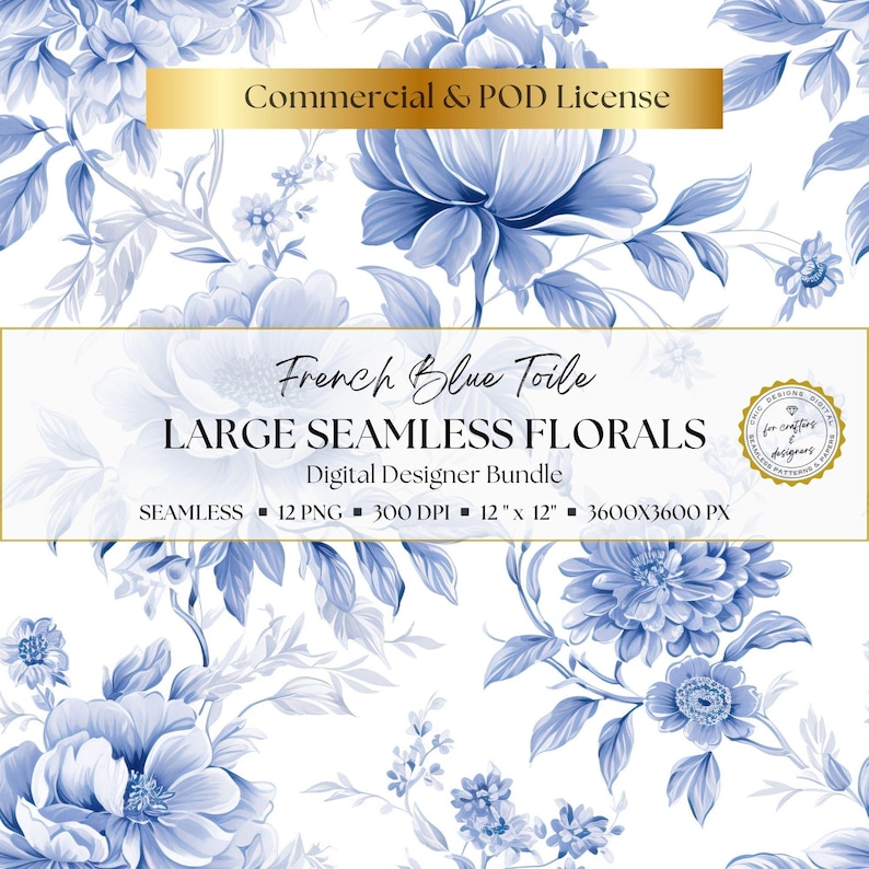 Seamless French blue floral papers with large-scale toile style flowers, airy blue and white palette, and classic decorative botanical design for scrapbook layouts, junk journal pages, greeting cards, paper crafts, backgrounds, and elegant printable stationery.