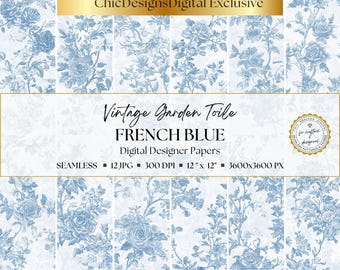 Blue Toile de Jouy Digital Papers: 12 Seamless Floral Patterns, Vintage Rose Backgrounds