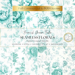 Carta digitale Toile de Jouy floreale verde francese, 12 motivi senza soluzione di continuità, scrapbooking, diario spazzatura, download digitale istantaneo, uso commerciale,