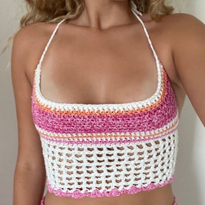 Boho Chic Crochet Crop Top - Summer Beach Festival Wear - Pink & Orange Gradient with White Lace Detail - Handcrafted Bohemian Fashion