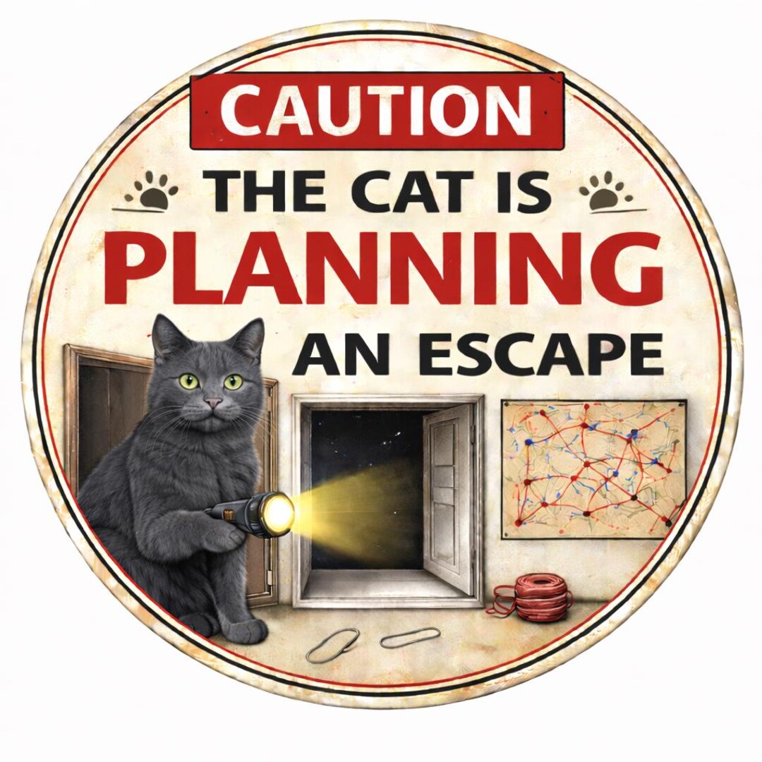 Caution Cat Planning Escape Sign, Funny Cat Lover Gift, Aluminum Round ...