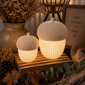 Peut inclure: Deux lampes en forme de gland avec des chapeaux texturés blanc cassé et des bases nervurées lumineuses. Les lampes émettent une lumière chaude et sont placées sur un support en bois à lattes. Chaque pièce présente un sommet arrondi avec un petit bouton.