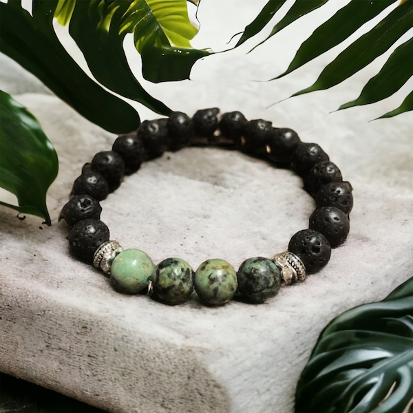African turquoise chakra bracelet with lava rocks