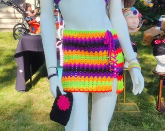 Cute bright neon 2 piece handmade crochet skirt set