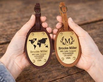 Personalized Leather Luggage Tag, Engraved Brass Name Tag, Travel Accessory