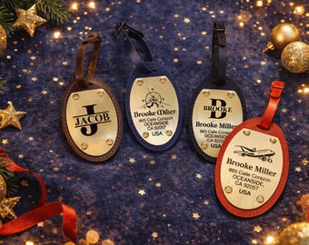 Personalized Leather Luggage Tag, Engraved Brass Plate, Crazy Horse Leather Travel Gift