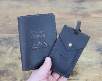 Personalized Leather Travel Set, Passport Cover, Luggage Tag, Hand Stitched Crazy Horse Leather