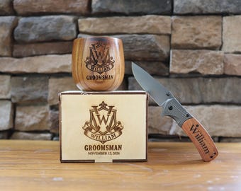 Personalized Groomsmen Gift Set | Engraved Wooden Whiskey Cup, Pocket Knife & Wooden Gift Box | Best Man Gift | Wedding Gift for Men