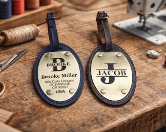 Personalized Leather Luggage Tags, Couples Travel Gift, Custom Brass Plate Tags
