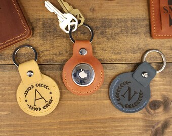 Personalized Leather AirTag Keychain, Minimalist Handmade Holder for Men