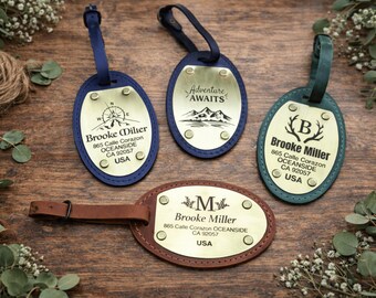 Personalized Leather Luggage Tag, Custom Engraved Brass Travel Tag, Groomsmen Gift, Wedding Favor