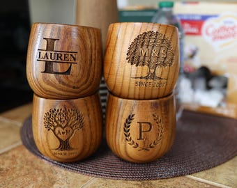 Personalized Wooden Whiskey Cup Set with Knife, Gift Box & 3 Whiskey Stones, Groomsmen Gift
