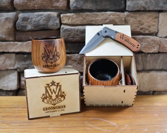 Personalized Groomsmen Gift Set, Engraved Wooden Whiskey Cup, Pocket Knife & Wooden Gift Box, Best Man Gift, Wedding Gift for Men