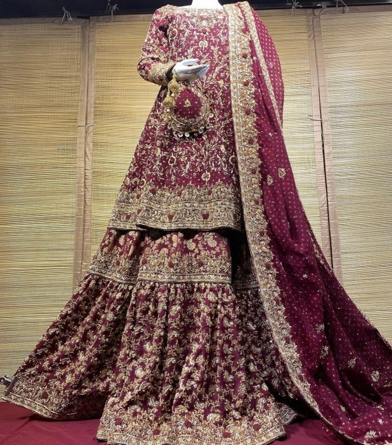 Pakistani Bridal Dress - Peach Back Train Maxi- Embroidered Lehenga