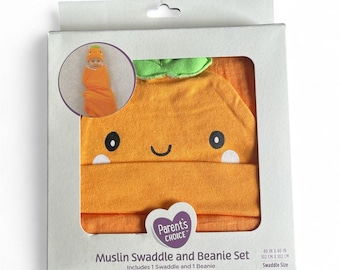 NWT Orange Pumpkin Muslin Swaddle and Beanie Set 100% Cotton