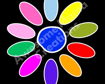 May include: A colorful flower design with a blue center. The flower has 10 petals in different colors, including pink, yellow, green, red, and purple.