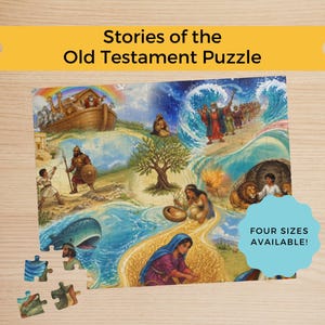 以下が含まれることがあります： Stories of the Old Testament Puzzleというタイトルの長方形のジグソーパズル。ノアの箱舟、紅海、クジラなどの聖書の場面がカラフルに描かれています。水色のバッジにはFOUR SIZES AVAILABLEと記載されています。