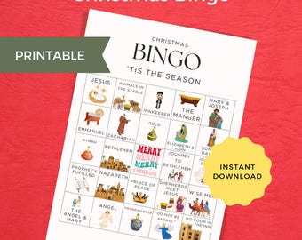 May include: A printable Christmas Bingo game with a red background. The bingo card features illustrations and text related to the Nativity story, including "Jesus," "Manger," and "Bethlehem." The words "Christmas Bingo" are at the top.