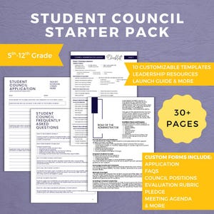 Peut inclure: Un kit de démarrage pour conseil des élèves comprenant plus de 30 pages de modèles personnalisables, dont une candidature, une foire aux questions et un guide sur le rôle de l'administrateur. Documents blancs avec texte noir pour la 5e à la 12e année.