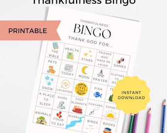 Puede incluir: Una hoja de juego de bingo "Thankfulness" imprimible con cuadrados ilustrados, incluyendo "Salud", "Amigos" y "Libros". La hoja tiene el texto "Thankfulness Bingo" y "Thank God For..." con una pancarta rosa "Imprimible" y una pegatina amarilla "Descarga instantánea".