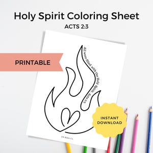 Puede incluir: Una hoja para colorear imprimible en blanco con el texto "Holy Spirit Coloring Sheet" y "ACTS 2:3". La hoja presenta un contorno negro de llamas con forma de corazón. También están presentes las palabras "PRINTABLE" e "INSTANT DOWNLOAD".